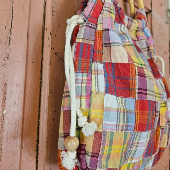 J.Crew Madras Plaid Cabana Patchwork Handbag• Bamboo Handle • Preppy Summer Tote - Picture 8 of 9